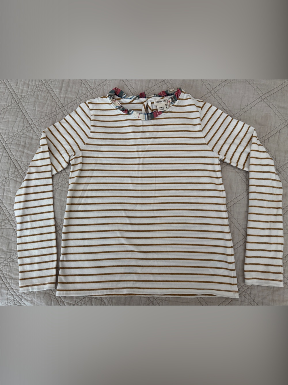 Crewcuts White & Gold Striped Top with Holiday Plaid Trim